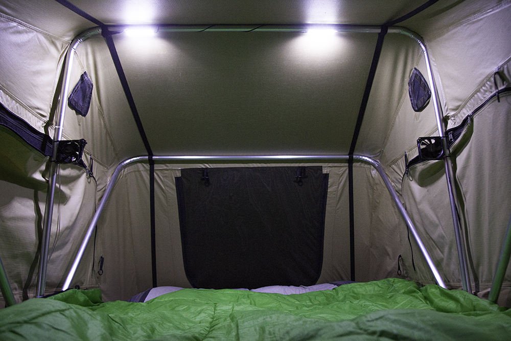 CVT Tent LED lights lit up.